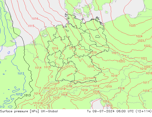 地面气压 UK-Global 星期二 09.07.2024 06 UTC
