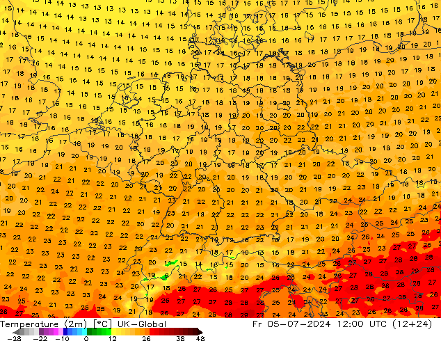Temperatuurkaart (2m) UK-Global vr 05.07.2024 12 UTC