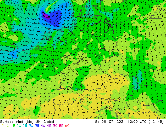 Wind 10 m UK-Global za 06.07.2024 12 UTC