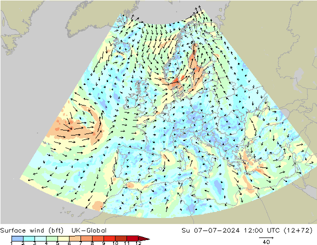 Wind 10 m (bft) UK-Global zo 07.07.2024 12 UTC