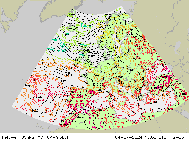 Theta-e 700hPa UK-Global do 04.07.2024 18 UTC