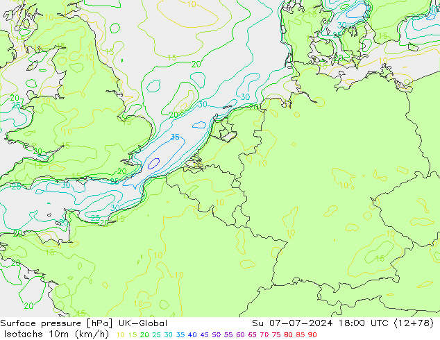 Isotachen (km/h) UK-Global zo 07.07.2024 18 UTC