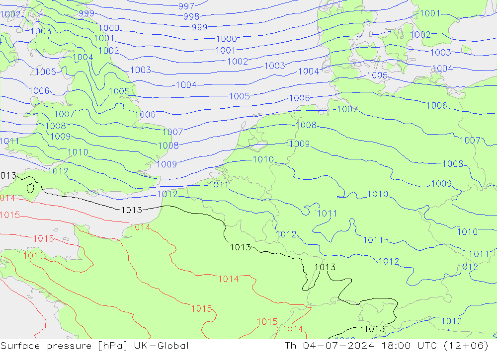 地面气压 UK-Global 星期四 04.07.2024 18 UTC