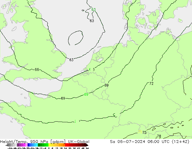 Height/Temp. 950 hPa UK-Global 星期六 06.07.2024 06 UTC
