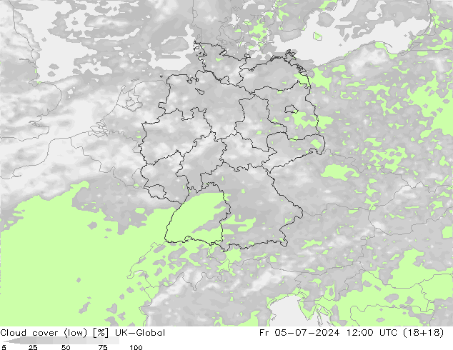 Bewolking (Laag) UK-Global vr 05.07.2024 12 UTC