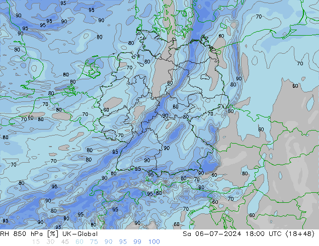RH 850 hPa UK-Global 星期六 06.07.2024 18 UTC