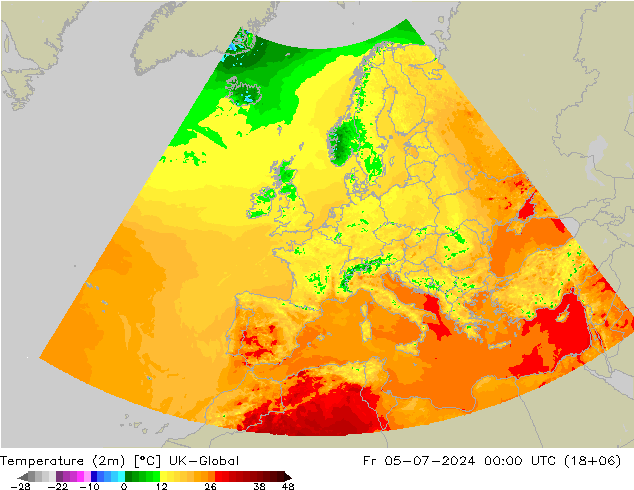 Temperatuurkaart (2m) UK-Global vr 05.07.2024 00 UTC