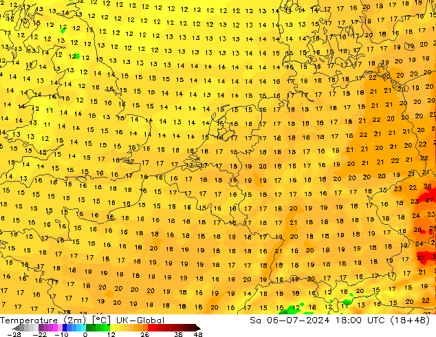 温度图 UK-Global 星期六 06.07.2024 18 UTC