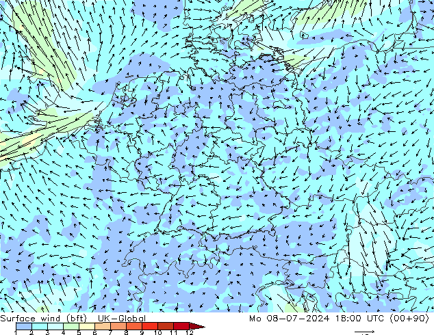 Wind 10 m (bft) UK-Global ma 08.07.2024 18 UTC