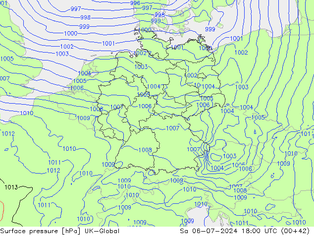 地面气压 UK-Global 星期六 06.07.2024 18 UTC