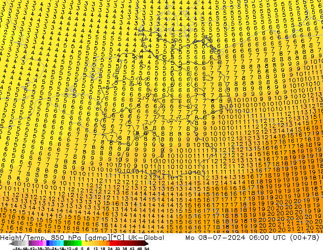 Height/Temp. 850 hPa UK-Global 星期一 08.07.2024 06 UTC