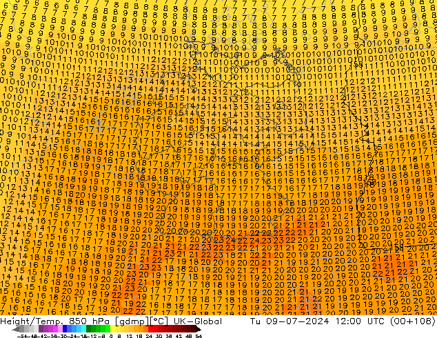Hoogte/Temp. 850 hPa UK-Global di 09.07.2024 12 UTC