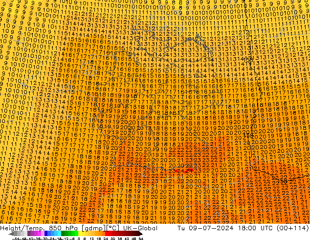 Hoogte/Temp. 850 hPa UK-Global di 09.07.2024 18 UTC
