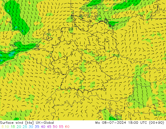 风 10 米 UK-Global 星期一 08.07.2024 18 UTC