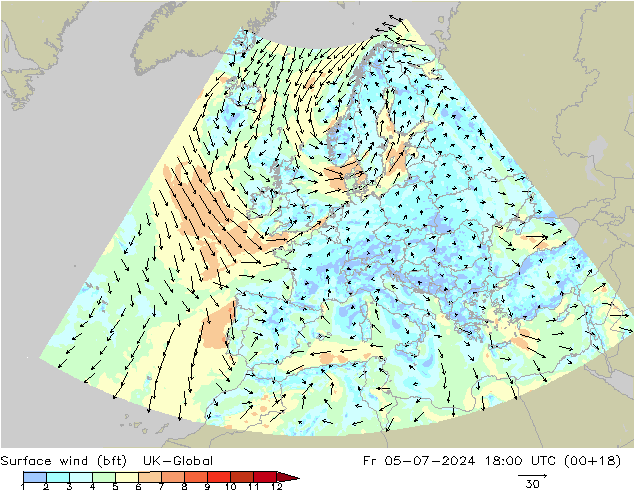 Wind 10 m (bft) UK-Global vr 05.07.2024 18 UTC