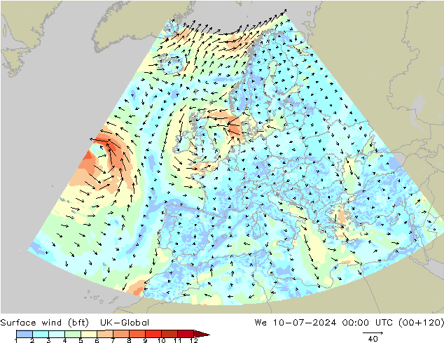 Wind 10 m (bft) UK-Global wo 10.07.2024 00 UTC
