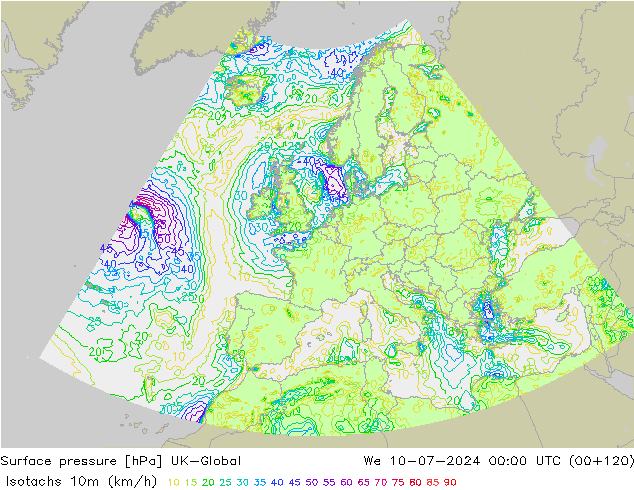 10米等风速线 (kph) UK-Global 星期三 10.07.2024 00 UTC