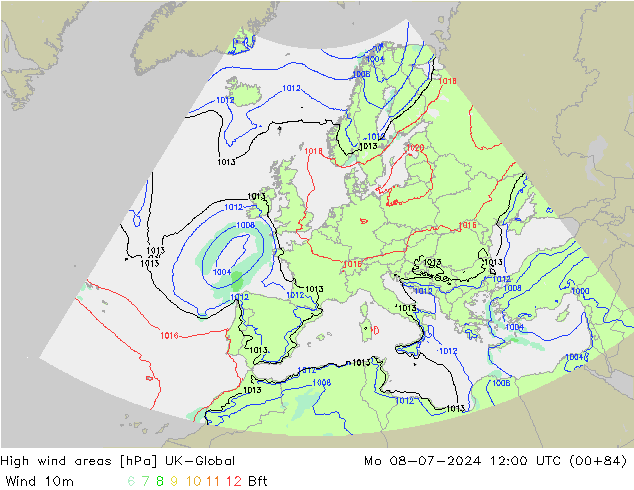 High wind areas UK-Global 星期一 08.07.2024 12 UTC