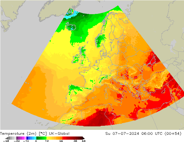Temperatuurkaart (2m) UK-Global zo 07.07.2024 06 UTC