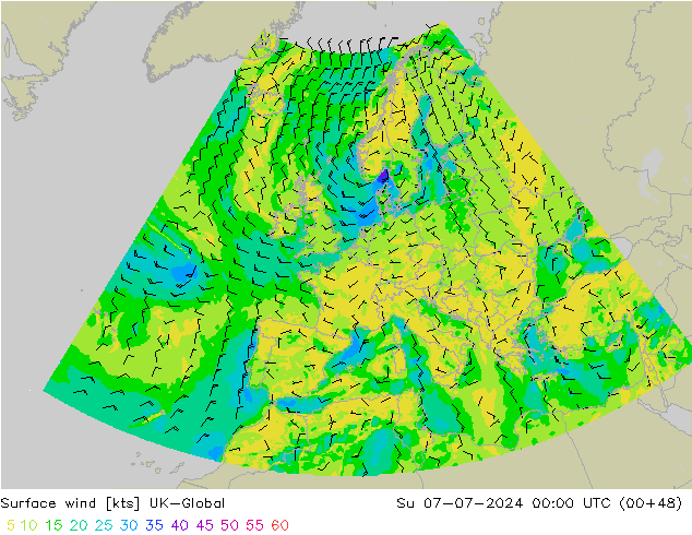 Wind 10 m UK-Global zo 07.07.2024 00 UTC