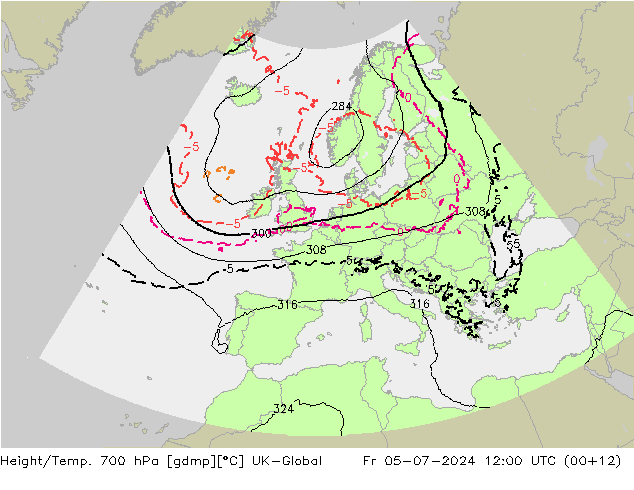 Hoogte/Temp. 700 hPa UK-Global vr 05.07.2024 12 UTC