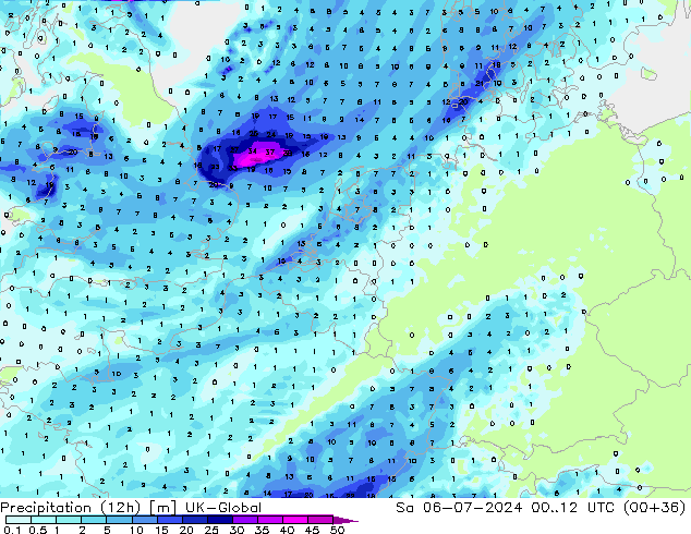 Totale neerslag (12h) UK-Global za 06.07.2024 12 UTC