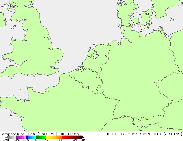 Temperature High (2m) UK-Global 星期四 11.07.2024 06 UTC