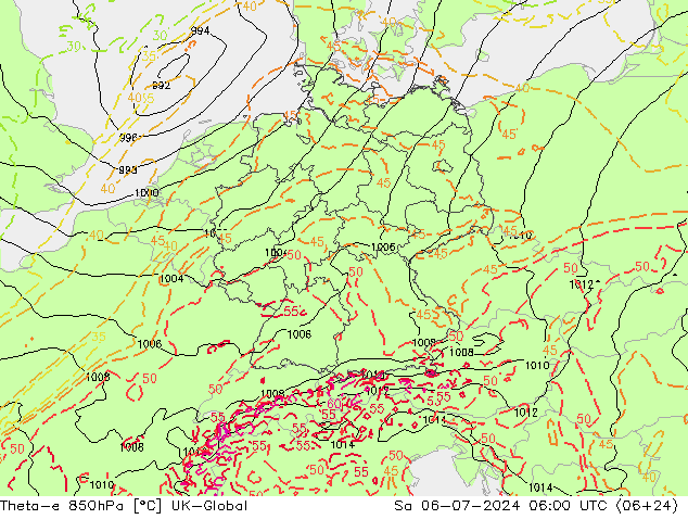 Theta-e 850hPa UK-Global za 06.07.2024 06 UTC