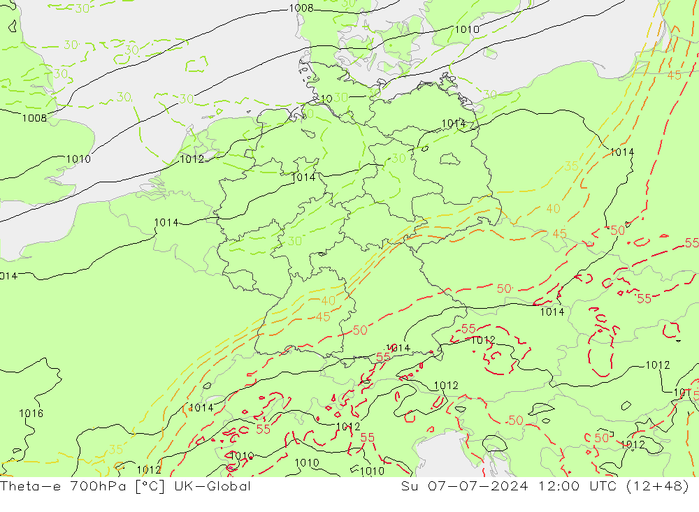 Theta-e 700hPa UK-Global zo 07.07.2024 12 UTC