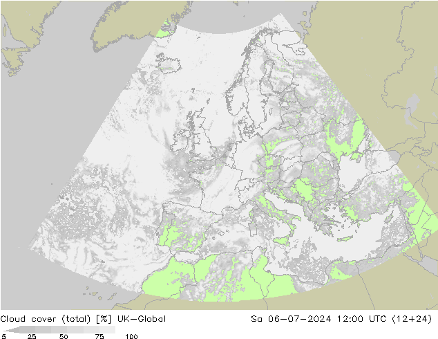 Bewolking (Totaal) UK-Global za 06.07.2024 12 UTC