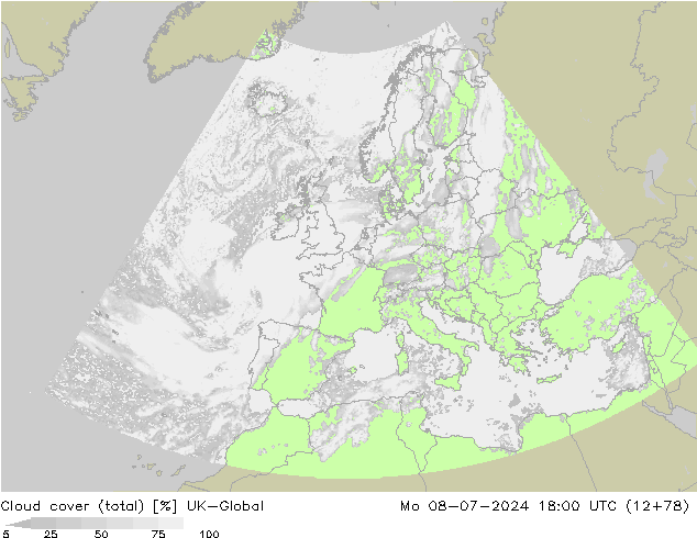 Bewolking (Totaal) UK-Global ma 08.07.2024 18 UTC