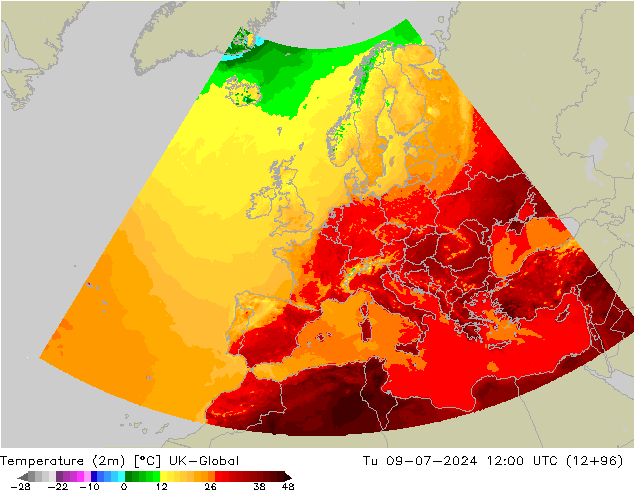 Temperatuurkaart (2m) UK-Global di 09.07.2024 12 UTC