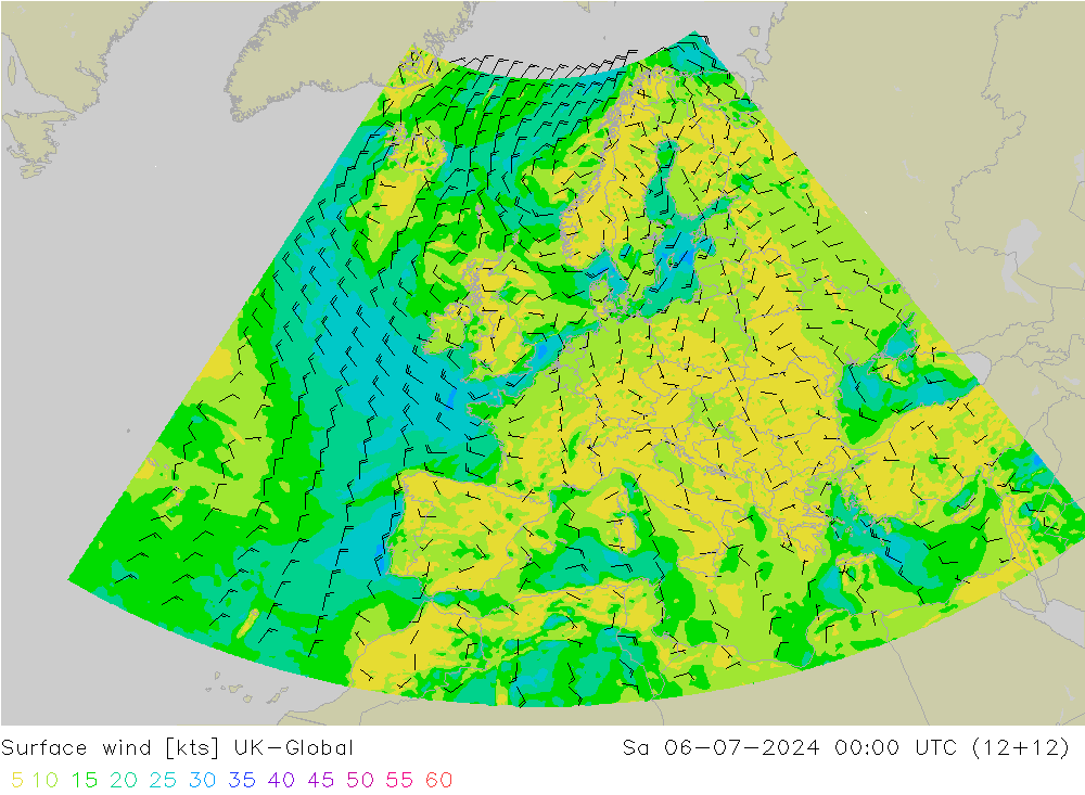 Wind 10 m UK-Global za 06.07.2024 00 UTC
