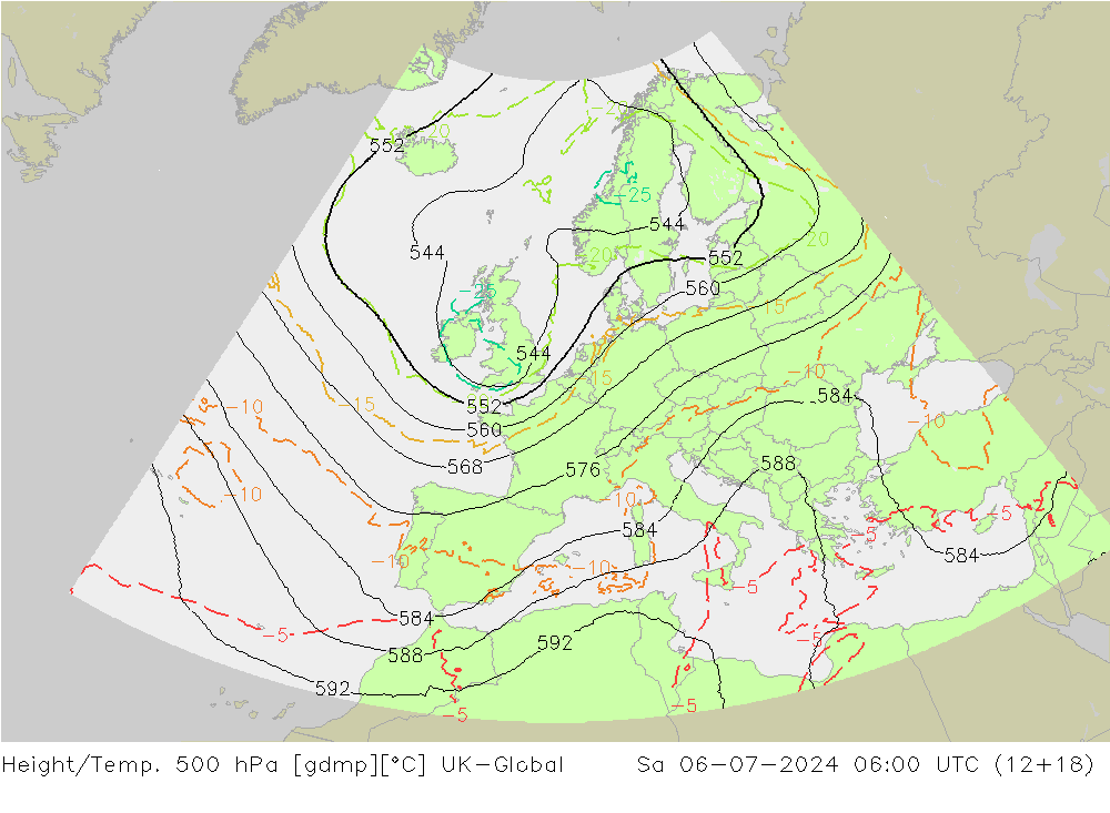 Height/Temp. 500 hPa UK-Global 星期六 06.07.2024 06 UTC