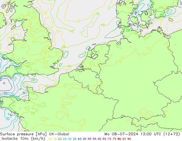 Isotachen (km/h) UK-Global ma 08.07.2024 12 UTC