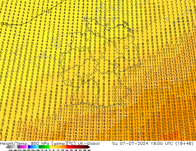 Hoogte/Temp. 850 hPa UK-Global zo 07.07.2024 18 UTC