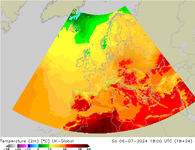 Temperatuurkaart (2m) UK-Global za 06.07.2024 18 UTC