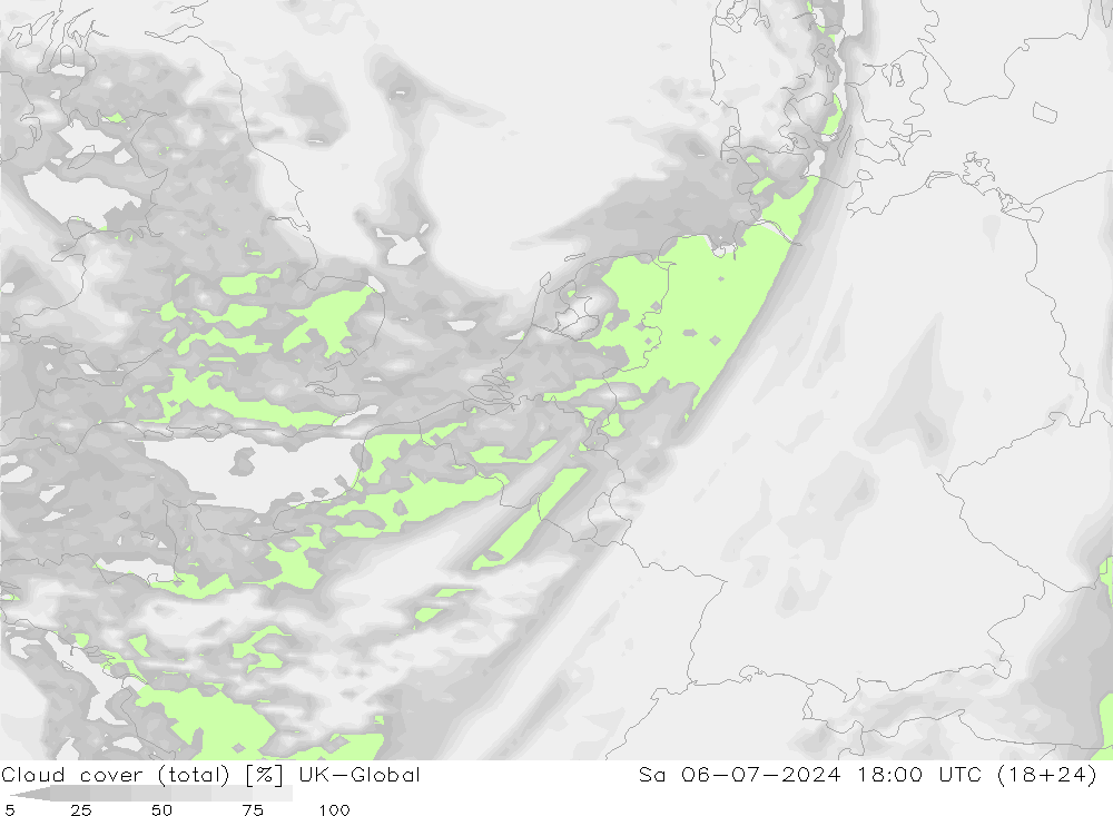 Bewolking (Totaal) UK-Global za 06.07.2024 18 UTC