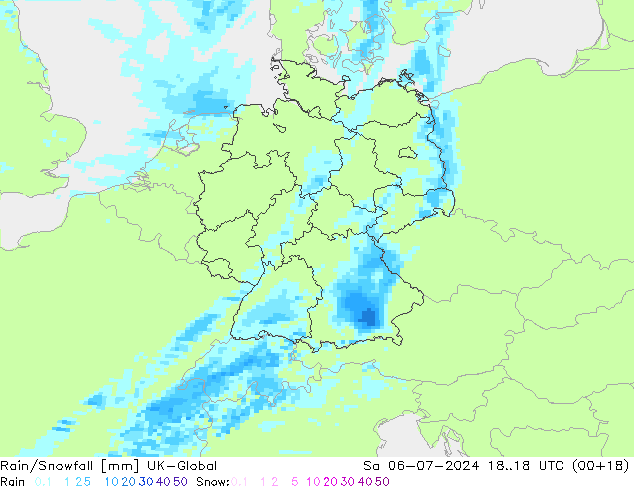 Regen/Sneeuwval UK-Global za 06.07.2024 18 UTC