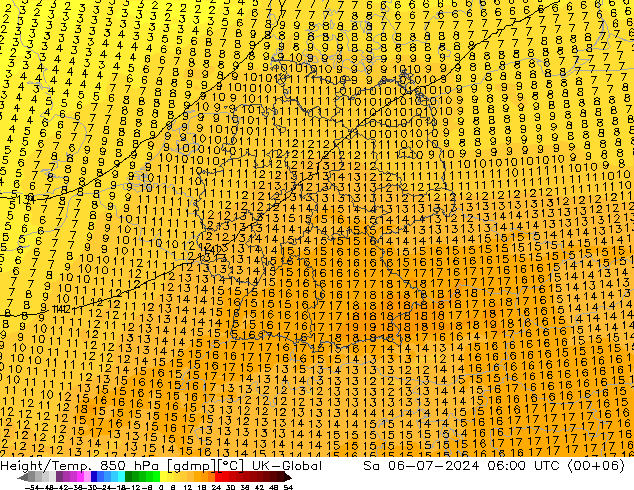 Hoogte/Temp. 850 hPa UK-Global za 06.07.2024 06 UTC