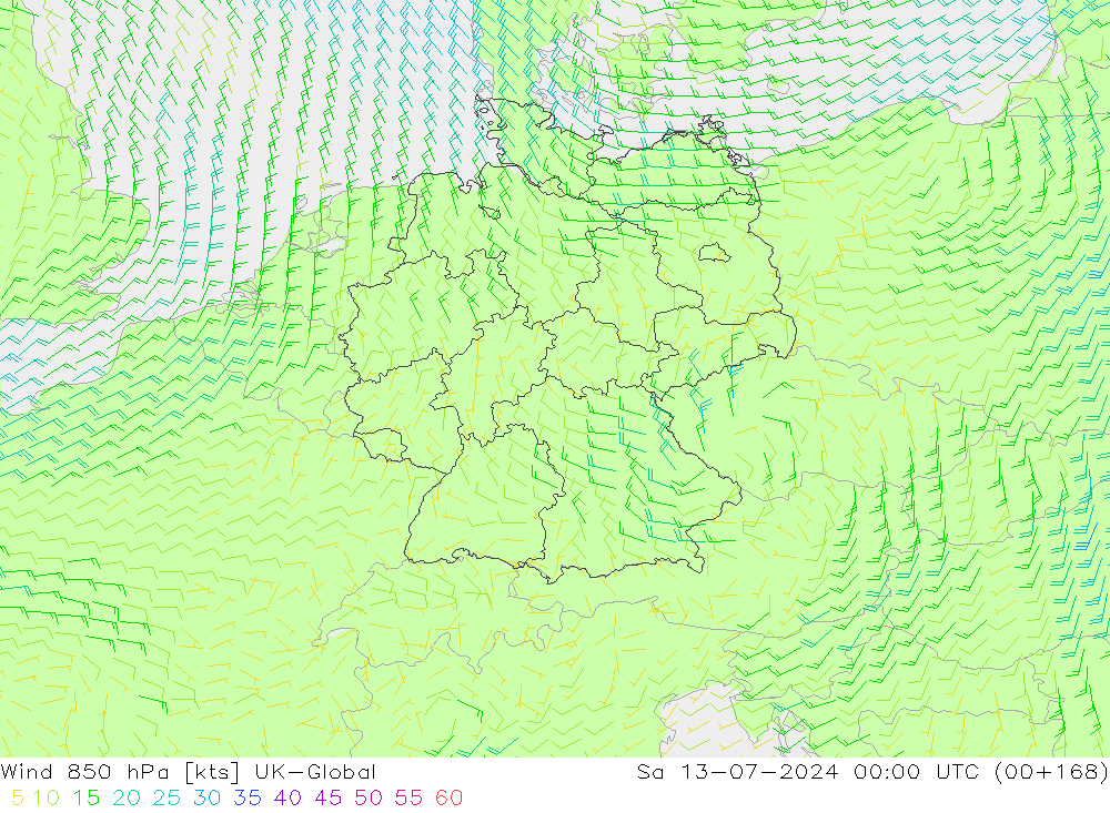 风 850 hPa UK-Global 星期六 13.07.2024 00 UTC