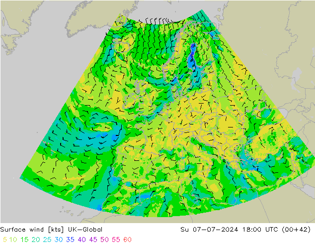 Wind 10 m UK-Global zo 07.07.2024 18 UTC