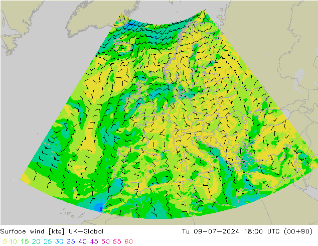 风 10 米 UK-Global 星期二 09.07.2024 18 UTC