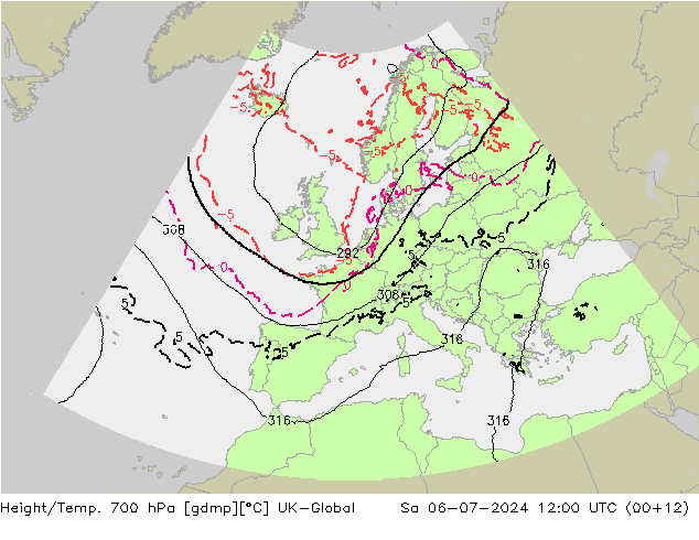 Hoogte/Temp. 700 hPa UK-Global za 06.07.2024 12 UTC