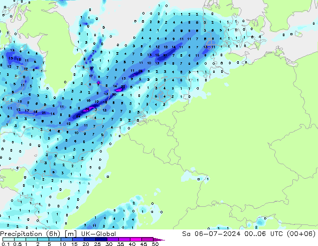 降水量 (6h) UK-Global 星期六 06.07.2024 06 UTC