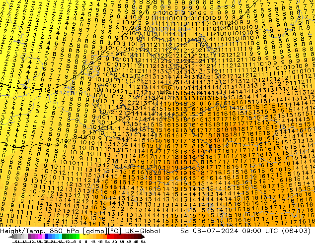 Hoogte/Temp. 850 hPa UK-Global za 06.07.2024 09 UTC