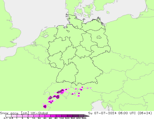 Snow accu. UK-Global 星期日 07.07.2024 06 UTC