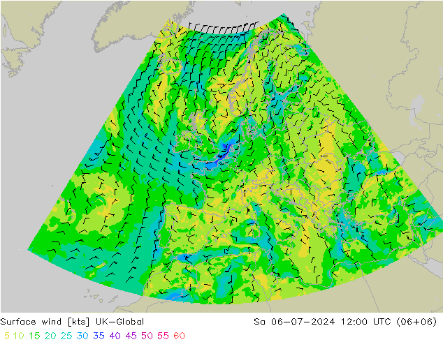 Wind 10 m UK-Global za 06.07.2024 12 UTC