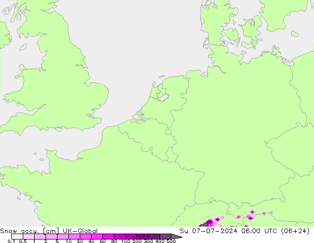 Snow accu. UK-Global 星期日 07.07.2024 06 UTC