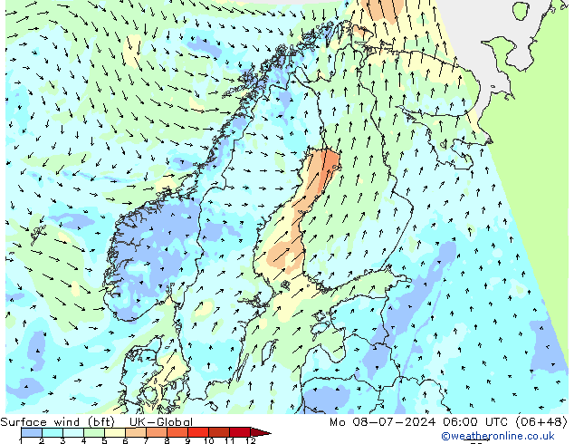 Wind 10 m (bft) UK-Global ma 08.07.2024 06 UTC
